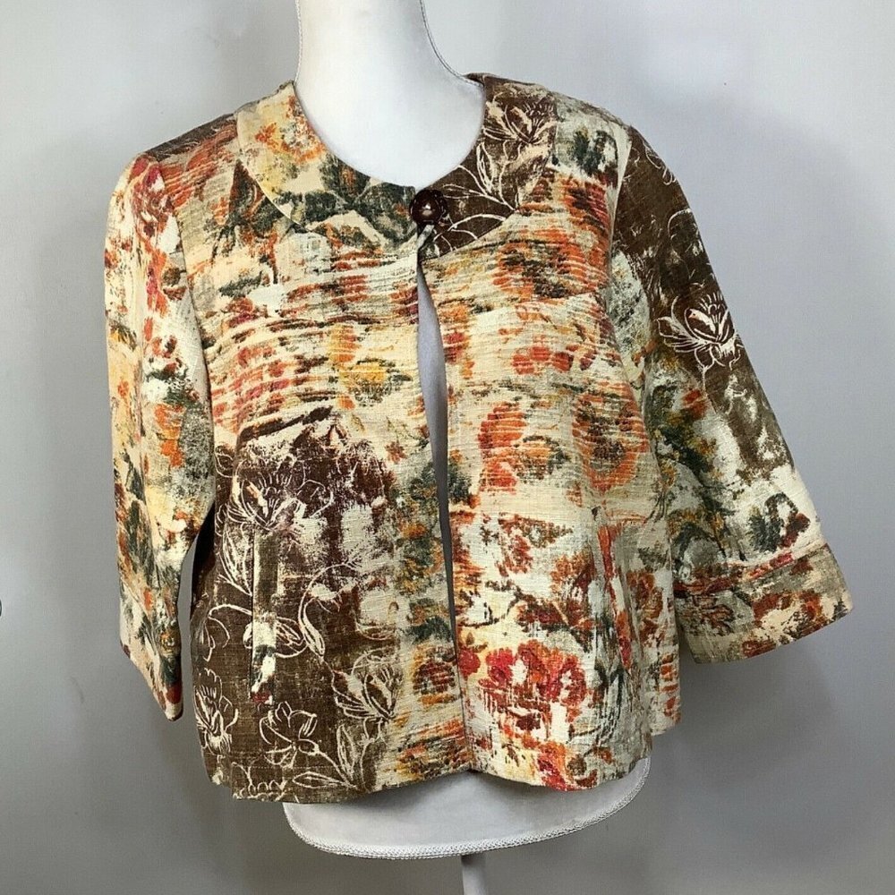 Woman's Coldwater Creek 3/4 sleeve Jacket Size PM Cardigan Floral orange‎ brown